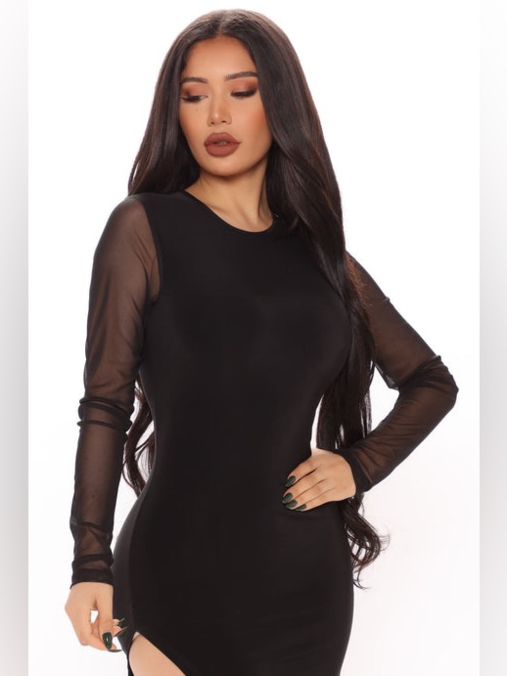 Fashion Nova Closing the Club Black Sheer-Sleeve Bodycon Dress - Open Hip - Sz M - Picture 2 of 6